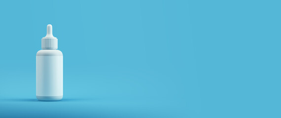 Blank white dropper bottle mockup on blue background for cosmetic or medical product branding and packaging design presentation template. 3D Rendering