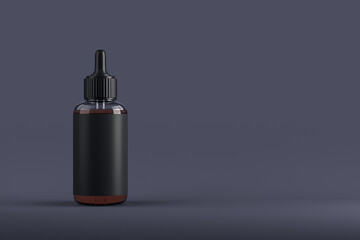 Fototapeta premium Black cosmetic dropper bottle mockup with blank label on dark background for branding or product design presentation template concept. 3D Rendering