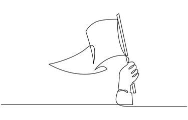 Continuous single line sketch drawing of hand holding flag show success, Hand holds flag in single line illustration.