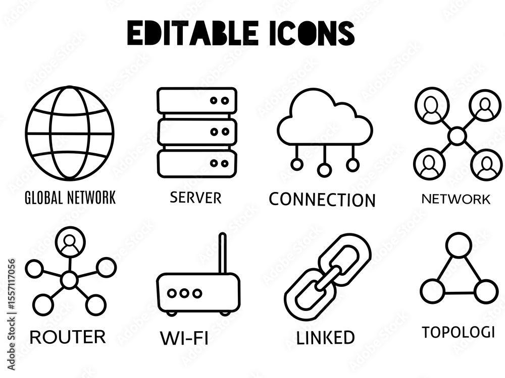 Fototapete Network icon set of black-and-white outlined icons representing various digital network elements such as server, connection, Wi-Fi, and router, arranged in a minimalist grid.