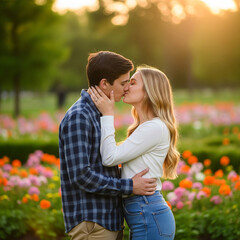Fototapeta premium happy young couple. happy young couple kissing each other. Young couple kissiing.