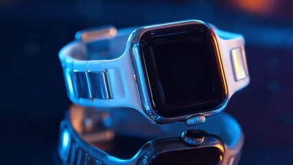 Close-up of metal smart watch with dark screen on blue glowing background with bokeh.