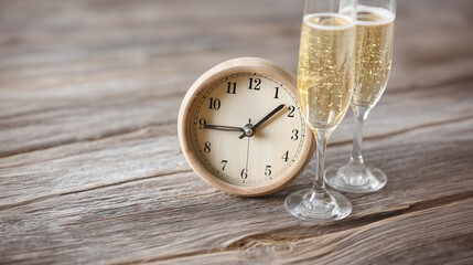 New Year countdown moment featuring classic timepiece and golden sparkling wine toast