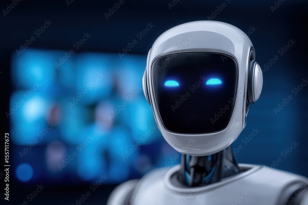 Poster advanced humanoid robot with glowing blue eyes in a futuristic digital workspace, showcasing the int