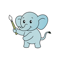 Adorable baby elephant artistically painting with its trunk holding a colorful paintbrush