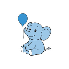 Adorable cartoon baby elephant joyfully holding a colorful balloon in a cheerful illustration
