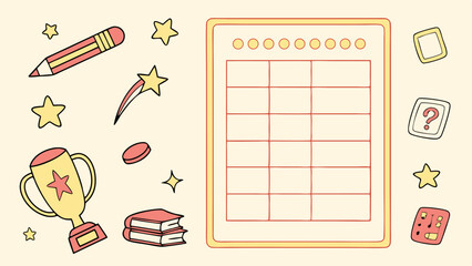 Illustration of a calendar with stars, pencil, trophy, books, and other school related clip art items