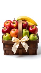 A beautifully arranged woven basket filled with fresh red and green apples and yellow bananas tied with a cream ribbon