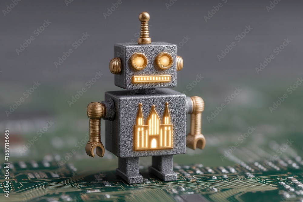 Poster a whimsical representation of a vintage robot standing on a printed circuit board highlighting its e