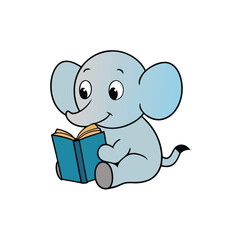 Adorable baby elephant calf sitting peacefully gently holding an open book with its trunk