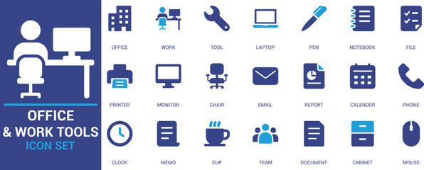 Flat vector office and work tools icon set featuring laptop, email, calendar, printer, and file icons. Perfect for business, corporate UI UX, apps, and infographics.

