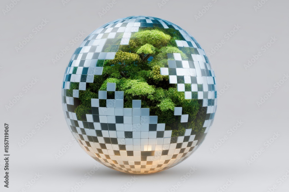 Poster reflective geometric sphere capturing nature’s essence with a lush green landscape creating an impac
