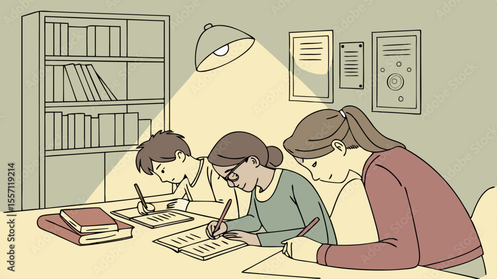 Poster illustration of three students studying together at a table with books and a bookshelf in the backgr