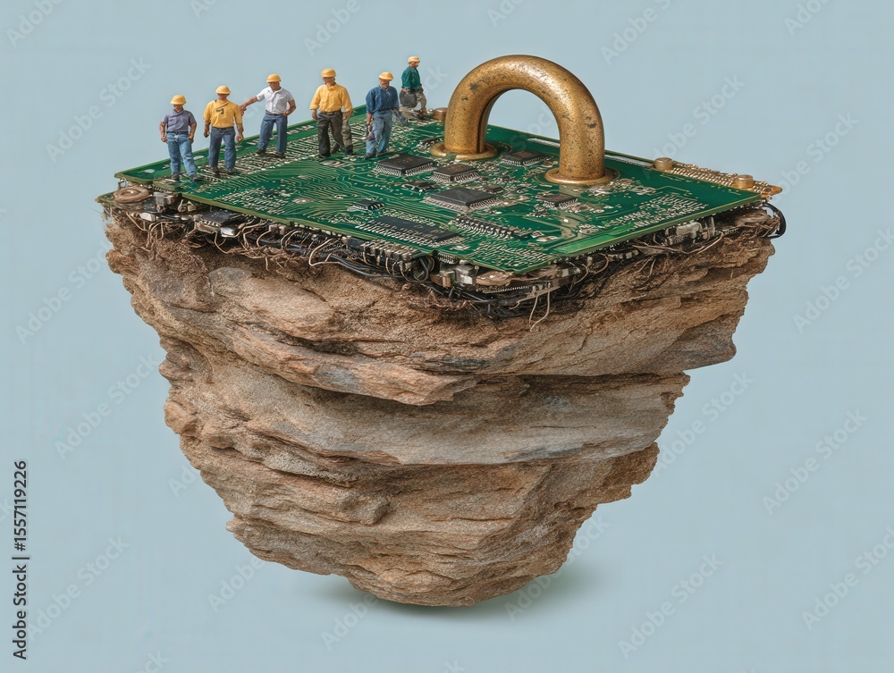Poster innovative engineers collaboratively examining a giant floating circuit board anchored by a padlock 