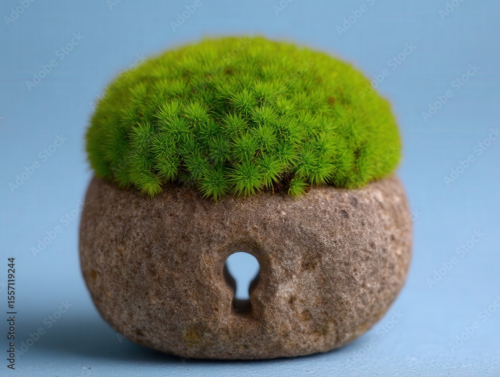 Poster lush miniature greenery emerging from a unique stone planter with a keyhole design representing secr