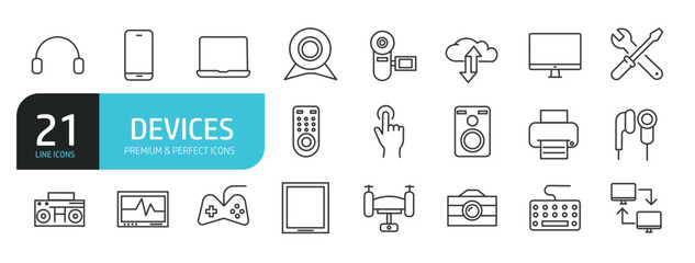 Fototapeta premium Set of line icons related to device, gadget, electronic. Outline icons collection. Editable stroke. Vector illustration