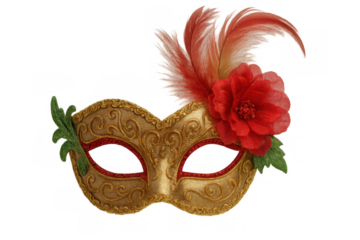 Ornate gold venetian mask adorned with crimson bloom, delicate feathers, green foliage, symbolizing masquerade glamour against pristine transparent backdrop