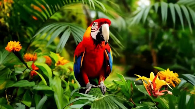 Striking parrot perched on leafy plant with bright flowers in vibrant tropical garden setting