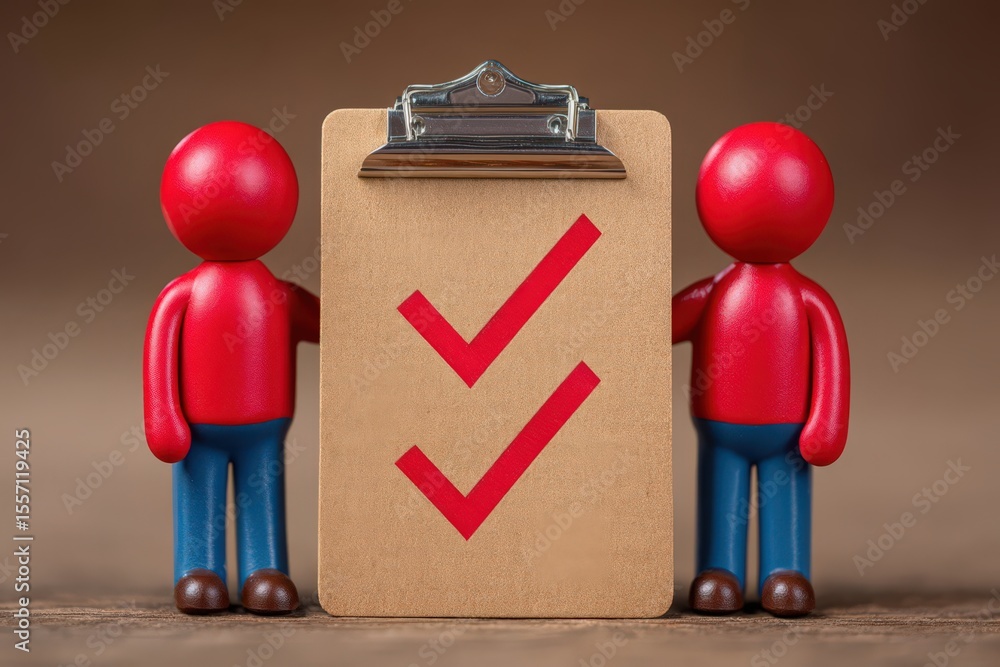 Poster two red figurines proudly holding a checklist with affirmations representing successful collaboratio