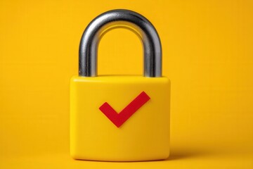 Fototapeta premium Bright yellow padlock symbolizing security and trust with a red checkmark against a cheerful yellow backdrop representing confidence and safety in the digital age