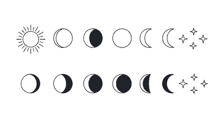Celestial phases illustrated: sun, moon cycle, stars, graphic design.