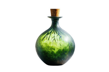 A potion bottle with glowing green liquid, glass transparency, cork stopper, floating look on white background