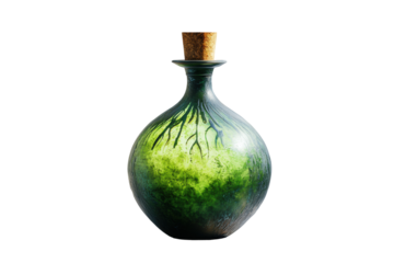 A potion bottle with glowing green liquid, glass transparency, cork stopper, floating look on white background