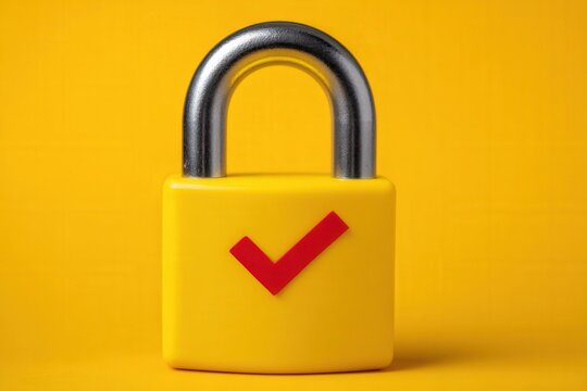 Bright yellow padlock symbolizing security and trust with a red checkmark against a cheerful yellow backdrop representing confidence and safety in the digital age