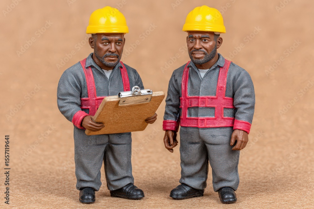 Poster two miniature construction workers engaged in discussion while reviewing a project plan in a detail-