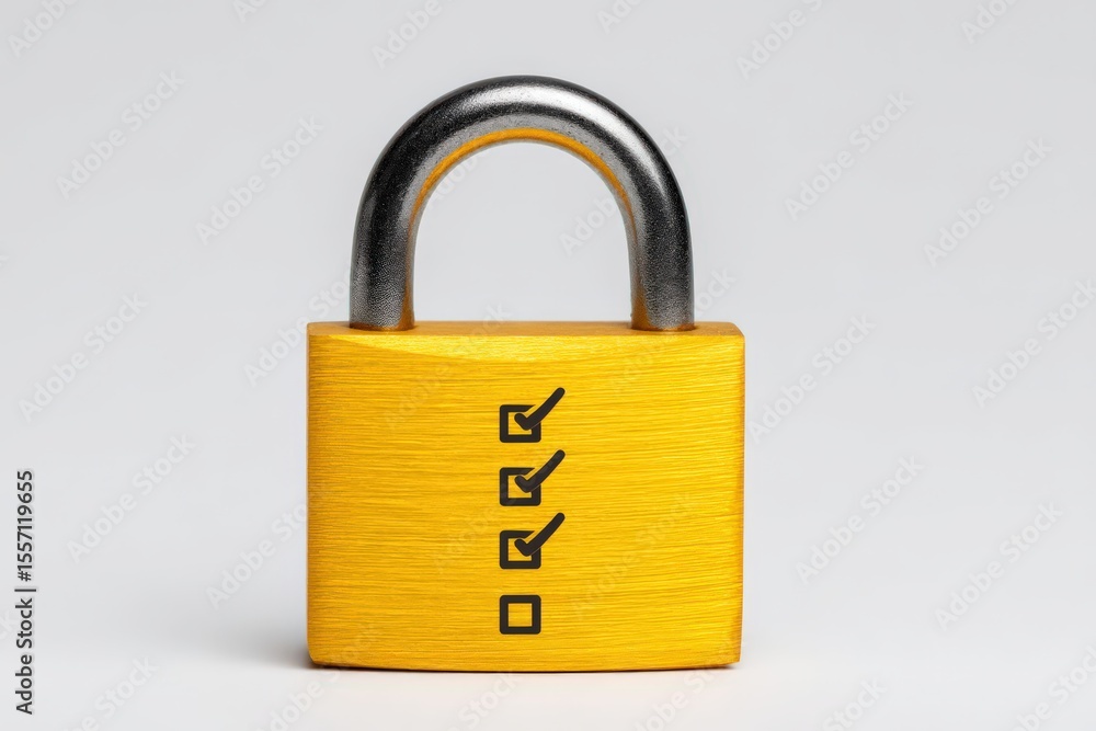 Poster yellow padlock with four checkboxes representing security, validation, and trust visually communicat