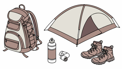Illustration of camping gear including a backpack tent water bottle first aid and hiking boots shown