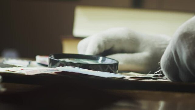 Stamp Collector Examines Postage Stamp with Tweezers and Magnifier SIDE SHOT