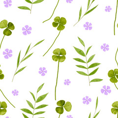 Green leaves and purple flowers. Summer seamless floral pattern of green leaves and purple flowers on a white background.
