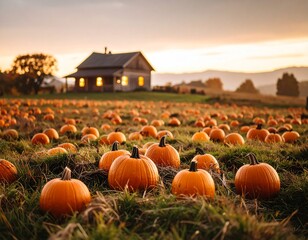 Farm field of orange pumpkins in the grass with a wood cabin in the background, autumn halloween landscape background wallaper