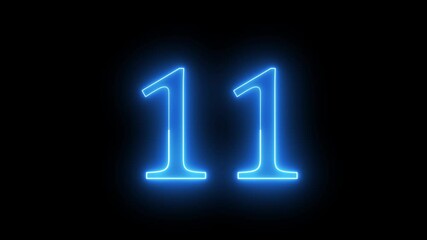 Glowing neon blue color 11 numbers countdown animation icon on black background. - Powered by Adobe
