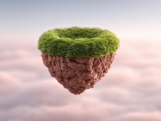 A surreal floating island of rich brown texture topped with lush green grass emerges from a soft cloudy horizon evoking the concept of nature's resilience and innovative landscape design