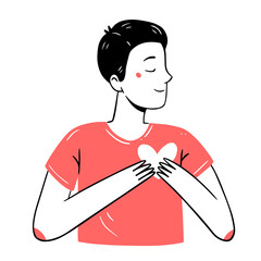 Young man with a heart in his hands in a simple linear doodle style. isolated illustration.