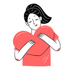 Young woman hugging a heart in a simple linear doodle style. isolated illustration.