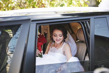 A bride is sitting in the back of a car, holding a bouquet of red flowers