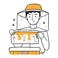 Man beekeeper takes out a honeycomb from a hive with bees. Isolated illustration in doodle style.