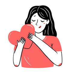 Young woman hugging a heart in a simple linear doodle style. isolated illustration.