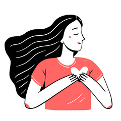 Young woman with a heart in her hands in a simple linear doodle style. isolated illustration.