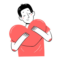 Young man hugging a heart in a simple linear doodle style. isolated illustration.