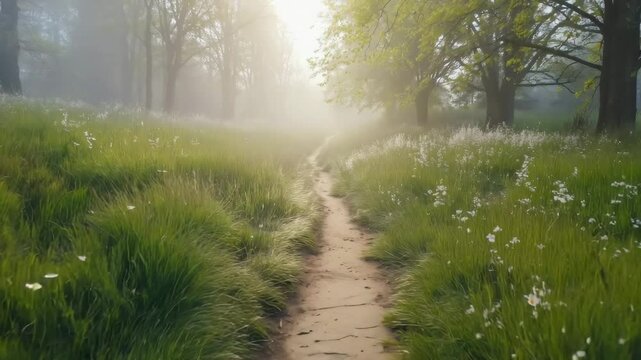 A narrow country path stretches through lush grassland bursting with spring blooms, detailed in sharp clarity to highlight the natural beauty of the rural landscape.
