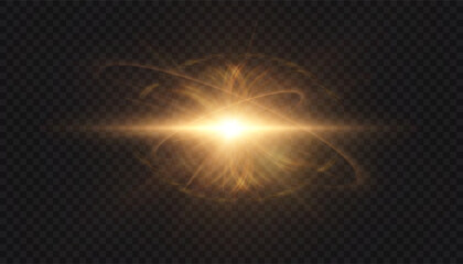 Abstract golden light effect with rays and glare and particle explosion effect on transparent background. Vector 10 EPS