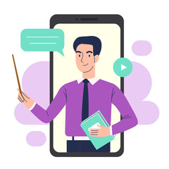 Online education on a smartphone. A man teacher conducts a lesson on a smartphone. Online learning concept.