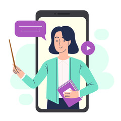 Online education on a smartphone. A woman teacher conducts a lesson on a smartphone. Online learning concept.