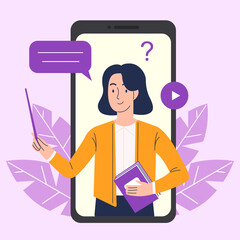 Online education on a smartphone. A woman teacher conducts a lesson on a smartphone. Online learning concept.