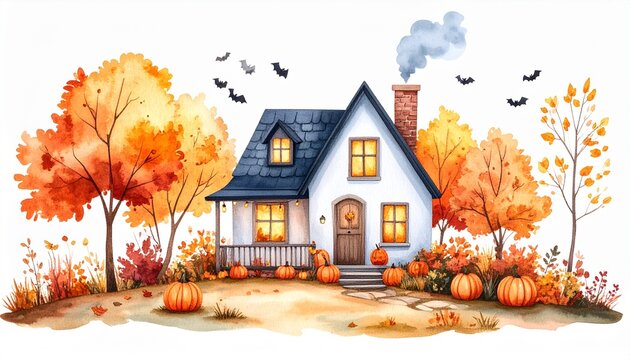 Cosy cottage house decorated for halloween surrounded by orange autumn trees forest, fall decor watercolor painting illustration 