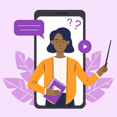 Online education on a smartphone. A black woman teacher conducts a lesson on a smartphone. Online learning concept.